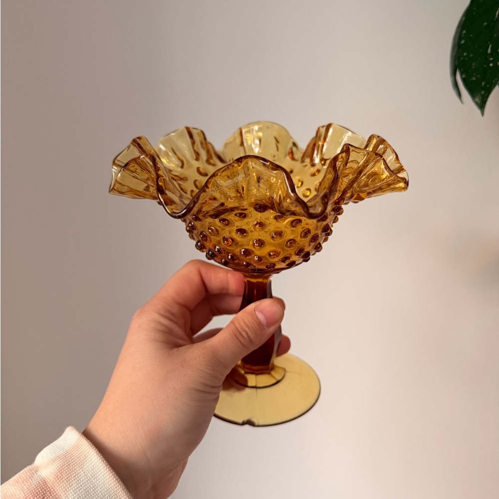 Amber Hobnail Ruffled Compote Dish